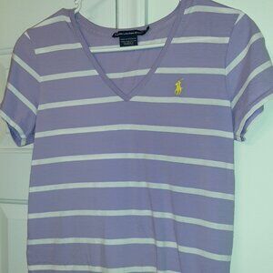 NEUSED RALPH LAUREN WOMENS MEDIUM S.S. V-NECK SPORT T-SHIRT, BERRY/WHITE STRIPE